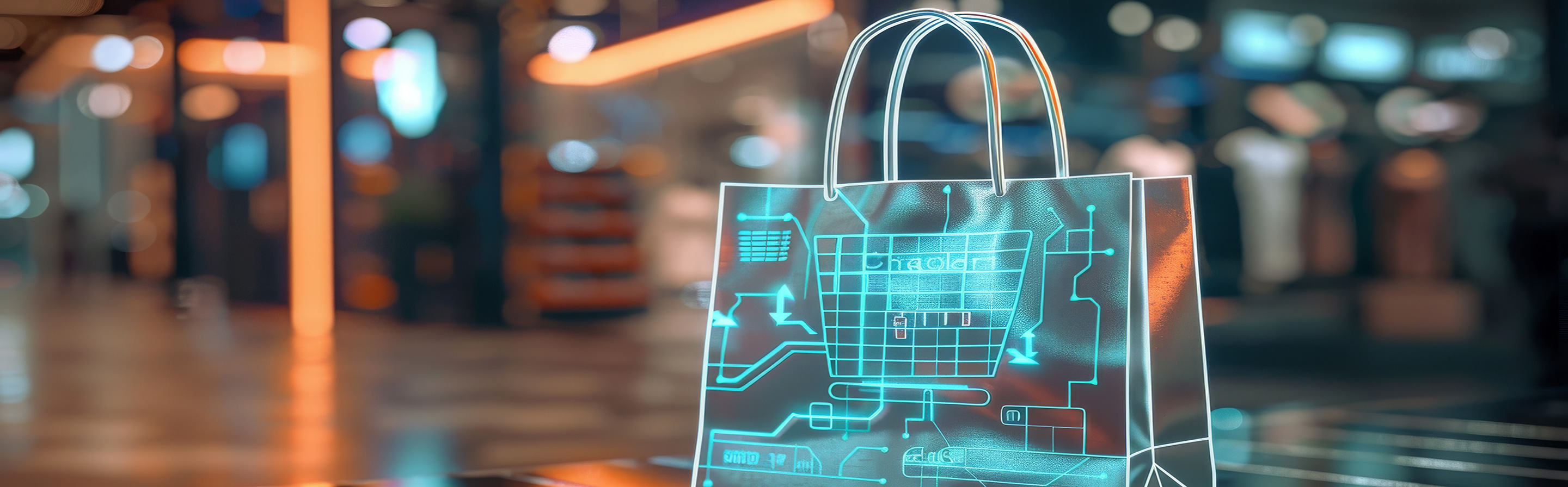 Holographic shopping bag with credit card icons symbolizing futuristic online commerce