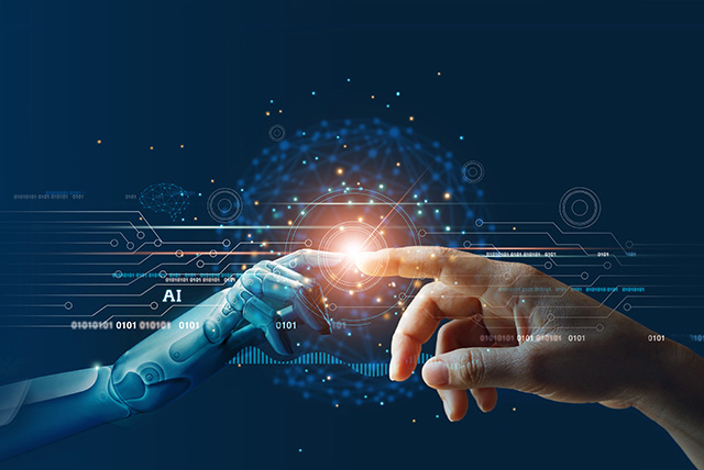 AI, Machine learning, Hands of robot and human touching on big data network connection background, Science and artificial intelligence technology, innovation and futuristic.