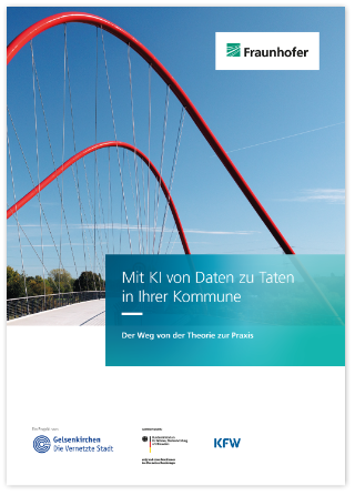Titelbild des Whitepapers: Mit KI von Daten zu Taten in Ihrer Kommune Auf dem Titelbild des Whitepapers ist die rote Doppelbogenbrücke im Nordsternpark, Gelsenkirchen sowie der Titel zu sehen: Mit KI von Daten zu Taten in Ihrer Kommune - Der Weg von der Theorie zur Praxis