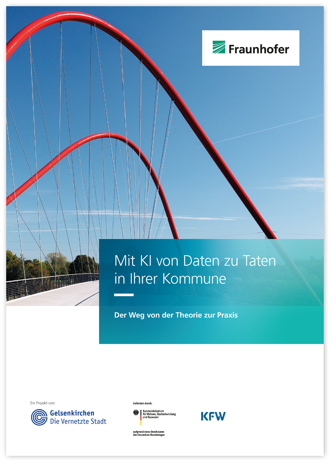 Titelbild des Whitepapers: Mit KI von Daten zu Taten in Ihrer Kommune Auf dem Titelbild des Whitepapers ist die rote Doppelbogenbrücke im Nordsternpark, Gelsenkirchen sowie der Titel zu sehen: Mit KI von Daten zu Taten in Ihrer Kommune - Der Weg von der Theorie zur Praxis
