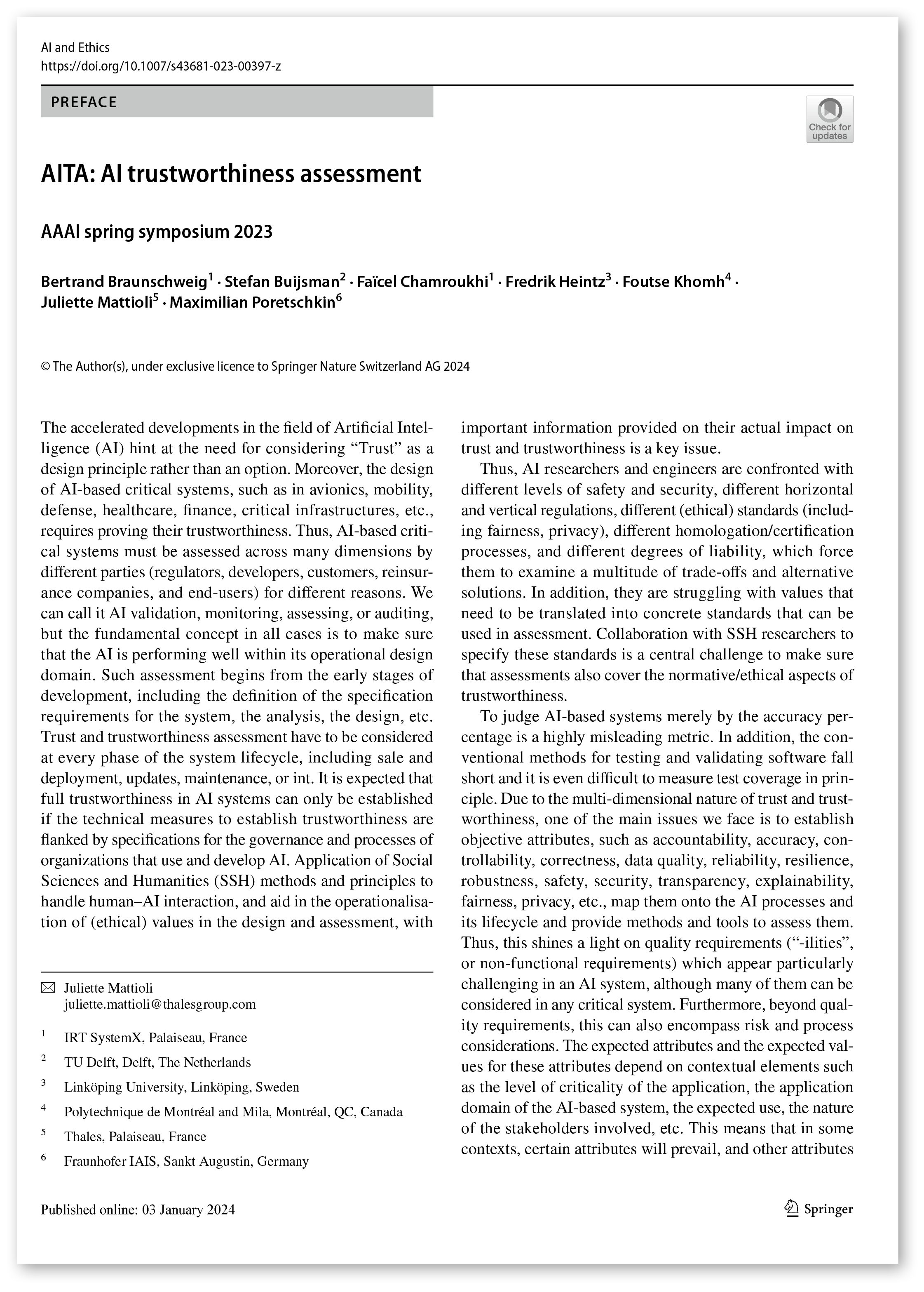 Kapitel AI and Ethics: »AITA: AI trustworthiness assessment«